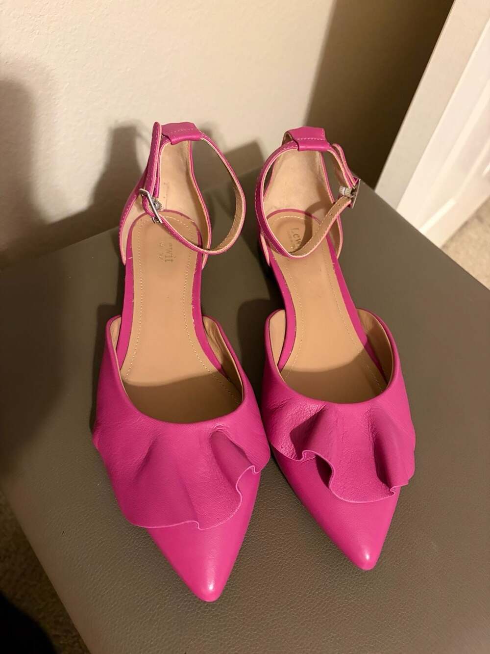 Lewit Alesia Hot Pink Leather Pointed Toe Ruffled Ankle Strap Flats
